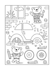 Wall Mural - Bear mechanics repairing the car dot-to-dot picture puzzle and coloring page
