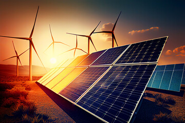 solar panel and wind turbine concept. solar energy from solar panels. photovoltaic, alternative sour