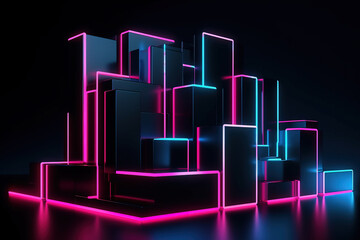 3d render, abstract background with pink blue glowing neon lines and bokeh lights. Data transfer concept. Digital wallpaper