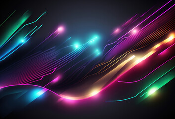 Neon design. Multicolored waves. Defocused abstract glowing design in bright defocused blur pink green blue colors vibrant stripes spots in motion on dark illustration background.