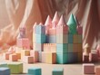 simple minimalist cube toy castle of the princess in kids room, soft pink pastel colors, bright sunlight from window, generative ai