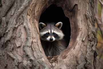 a curious raccoon peeking out of a tree hollo
