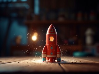 toy rocket spaceship in baby room, blurred magical sparkles and dream lights background, generative 