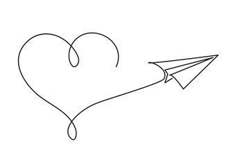 Wall Mural - Heart Paper Plane Continuous Line Drawing Vector. Paper Plane One Line Art Illustration Black Sketch Isolated on White Background in Minimal Style. Airplane Flying Up Abstract Line Art. Love Symbol