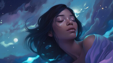 Wall Mural - lucid dreaming astral projection close up woman meditation illustration generative ai