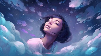 Wall Mural - lucid dreaming astral projection close up woman meditation illustration generative ai