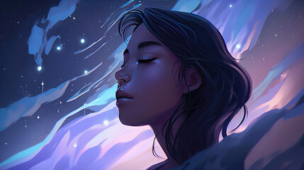 Wall Mural - lucid dreaming astral projection close up woman meditation illustration generative ai
