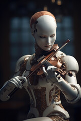 Robot playing violin. Ai with a musical instrument. Futuristic concept technology generative ai.