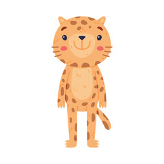 Sticker - Cute Little Jaguar with Spotted Fur Standing and Smiling Vector Illustration