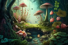 Fantastic Forest Wonderland Landscape With Mushrooms. Illustration. AI Generated