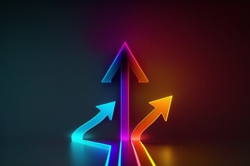 3d render, abstract minimalist geometric background. Two counter neon arrows approaching each other