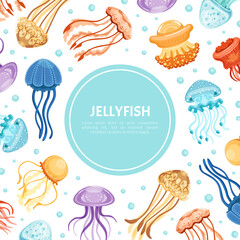 Sticker - Square Card with Vibrant Jellyfish Having Umbrella-shaped Bells and Trailing Tentacles Vector Template