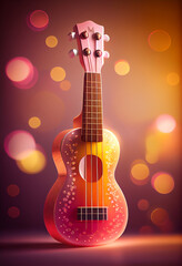Poster - Beautiful abstract Ukulele concept, contemporary on bright bokeh background 3d pink and peach colors. Generative AI technology.
