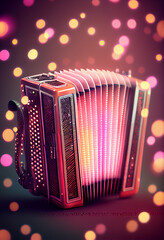 Poster - Beautiful abstract Accordion concept, contemporary on bright bokeh background 3d pink and peach colors. Generative AI technology.
