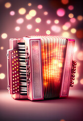 Poster - Beautiful abstract Accordion concept, contemporary on bright bokeh background 3d pink and peach colors. Generative AI technology.
