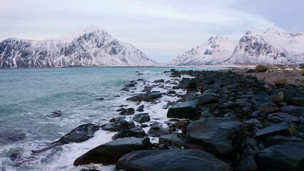 Wall Mural - 4k drone forward video (ultra high definition) of lofoten islands. amazing view from flying drone of