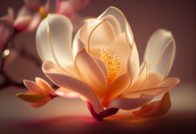 Beautiful Abstract Flower Magnolia From Smooth Elegant Transparent Fabric Concept, Contemporary On Bright Bokeh Background 3d Pink And Peach Colors. Generative AI Technology.
