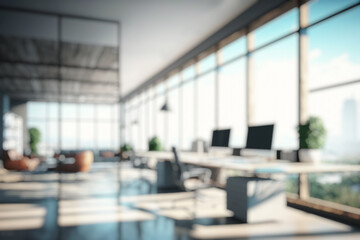 Wall Mural - blurred large modern office workspace in the morning , interior workplace with cityscape for busines