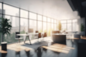 Wall Mural - blurred large modern office workspace in the morning , interior workplace with cityscape for busines