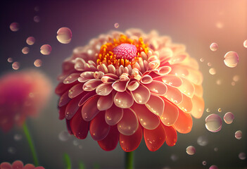Beautiful abstract flower Zinnia from smooth elegant transparent fabric concept, contemporary on bright bokeh background 3d pink and peach colors. Generative AI technology.
