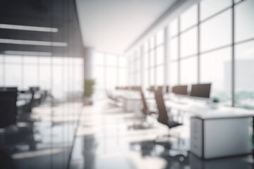 Wall Mural - blurred large modern office workspace in the morning , interior workplace with cityscape for busines