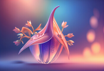 Beautiful abstract flower Bluebell from smooth elegant transparent fabric concept, contemporary on bright bokeh background 3d pink and peach colors. Generative AI technology.
