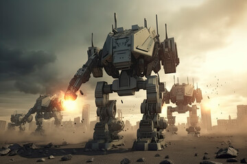 invasion of military robots. Dramatic apocalypse super realistic concept. Future. 3d rendering.