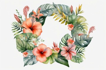 Vintage watercolor floral wreath with tropical leaves and flowers on transparent background. Generative AI