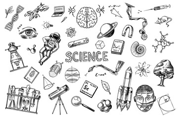 Science banner. Engraved hand drawn in old sketch and vintage style. Astronaut and rocket. Scientific formulas and calculations in physics and mathematics and biology or astronomy on Generative AI