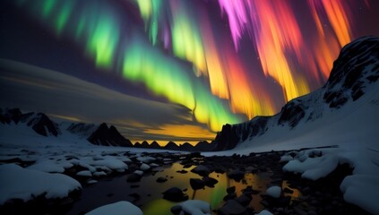 beautiful glacial northern light reflex on water, beautiful snow mountain landscape, aurora light at