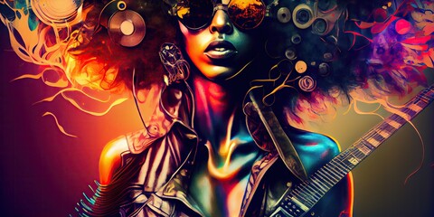 Wall Mural - Abstract art in overlapped musician with hairstyle decorated by instrument design. Concept of captivated in exotic music styles with cyberpunk color. Glorious generative AI. Generative AI