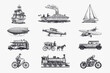 Submarine, boat and car, motorbike, Horse-drawn carriage. Airship or dirigible, air balloon, airplanes corncob, locomotive. Engraved hand drawn in old sketch style, vintage passengers Generative AI