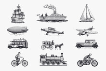 Submarine, Boat And Car, Motorbike, Horse-drawn Carriage. Airship Or Dirigible, Air Balloon, Airplanes Corncob, Locomotive. Engraved Hand Drawn In Old Sketch Style, Vintage Passengers Generative AI