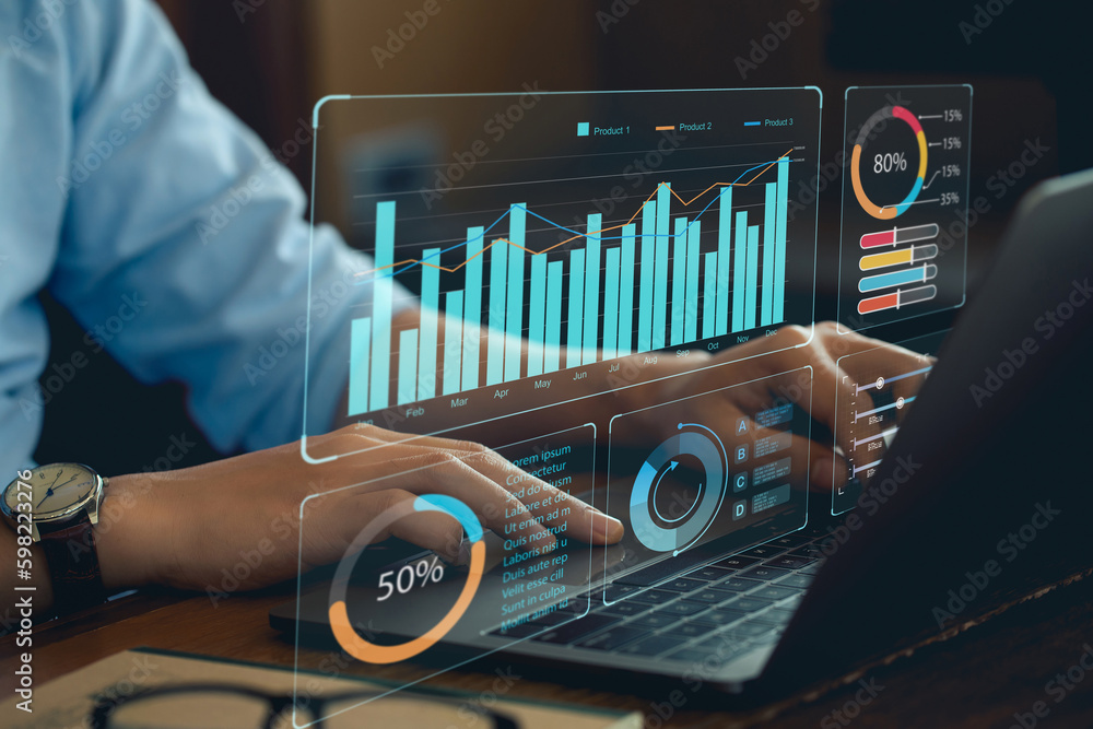 Analyst Works on Personal Computer Showing business analytics dashboard ...