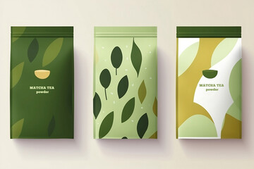 Wall Mural - Generative AI. Green tea matcha powder packaging design concept.  healthy organic beverage, сup and glass of drink matcha latte. Branches of tea plant with leaves. Mockup for pack, ad.Minimal modern 