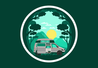 Canvas Print - Colorful illustration badge of campervan in nature