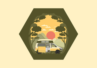 Wall Mural - Colorful illustration badge of campervan in nature