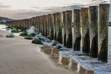 Wall Mural - Wooden groynes on beach of Baltic sea in Svetlogorsk at sunset. Kaliningrad region. Russia