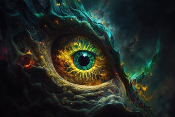 Wall Mural - Green eye male demon in a mystery art style. distinct generative AI image. Generative AI