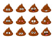 Collection of Cute funny poop with different mood. Set of cartoon poo emoji faces in different expressions - happy, sad, cry, fear, crazy. Vector illustration EPS8 