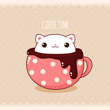 Square Retro Card With Cute Animal In Cup In Kawaii Style. Vintage Style Card With Lovely Little Cat In Cup. Can Be Used For T-shirt Print, Stickers, Greeting Card Design. Vector Illustration EPS8