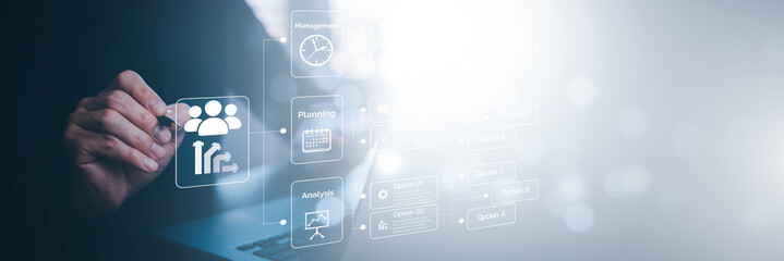 Wall Mural - Working Data Analytics and Data Management Systems and Metrics connected to corporate strategy database for Finance, Intelligence,  Business Analytics with Key Performance Indicators, social network