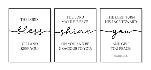The Lord bless you and keep you the Lord make His face shine on you and give you peace. Bible verse numbers 6 24-26, christian wall bedroom decor. Scripture wall print poster. Set of 3 print posters.