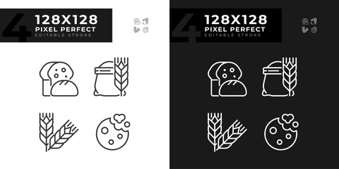 Bakery and bread pixel perfect linear icons set for dark, light mode. Fresh baked goods. Wheat products. Whole grain. Thin line symbols for night, day theme. Isolated illustrations. Editable stroke