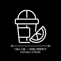 Sticker - Juice pixel perfect white linear icon for dark theme. Fruit drink. Beverage industry. Sweet cocktail. Detox smoothie. Thin line illustration. Isolated symbol for night mode. Editable stroke