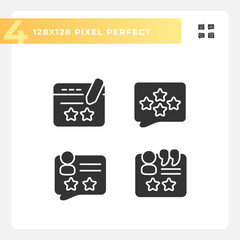 Wall Mural - Leave comments with feedbacks pixel perfect black glyph icons set on white space. Write review on service on line. Silhouette symbols. Solid pictogram pack. Vector isolated illustration