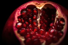 Generative AI, Macro Fresh Juicy Half Of Pomegranate Fruit Background. Closeup Photo