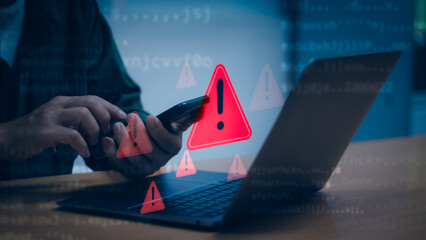 concept, warning or alert Tech scam, users get smartphone warnings Have access to malicious cyberattack virus software or threats to hack online networks. technology security