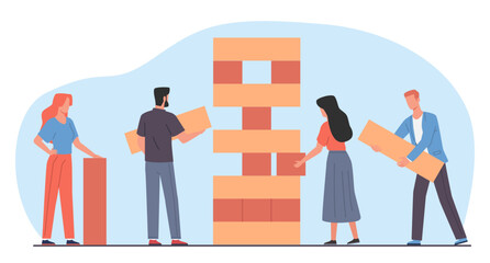 Men and women play wooden game of Jenga. Friends building huge wooden tower. Boys and girls together leasure time. Competition games cartoon flat style isolated vector teamwork concept