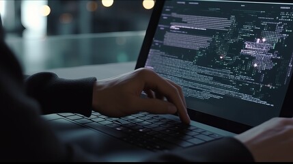 Software development concept. Coding programmer, software engineer working on laptop with javascript computer code on virtual screen, internet of things IoT, digital technology